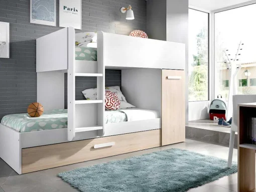 Stapelbed Met Onderschuifbed En Opbergruimte 3X90X190Cm - Wit En Naturel - Anthony