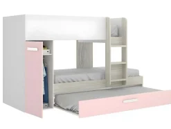 Stapelbed Met Opbergruimtes 3 X 90 X 190 Cm - Wit, Naturel En Roze - Met Matras - Anthony