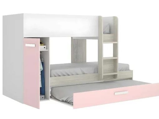 Stapelbed Met Opbergruimtes 3 X 90 X 190 Cm - Wit, Naturel En Roze - Met Matras - Anthony