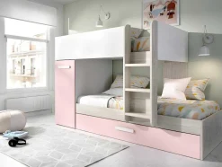 Stapelbed Met Opbergruimtes 3 X 90 X 190 Cm - Wit, Naturel En Roze - Met Matras - Anthony