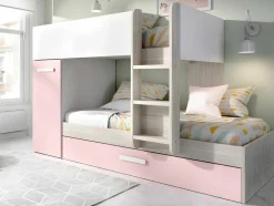 Stapelbed Met Opbergruimtes 3 X 90 X 190 Cm - Wit, Naturel En Roze - Met Matras - Anthony