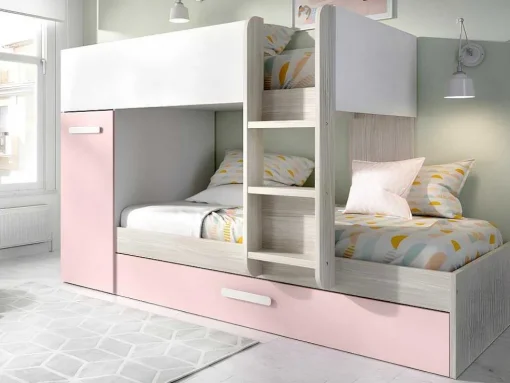 Stapelbed Met Opbergruimtes 3 X 90 X 190 Cm - Wit, Naturel En Roze - Met Matras - Anthony