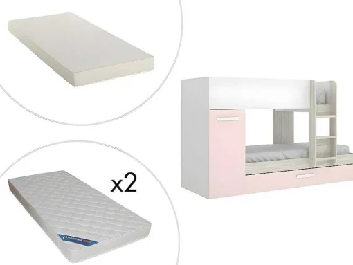 Stapelbed Met Opbergruimtes 3 X 90 X 190 Cm - Wit, Naturel En Roze - Met Matras - Anthony