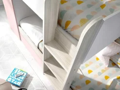 Stapelbed Met Opbergruimtes 3 X 90 X 190 Cm - Wit, Naturel En Roze - Met Matras - Anthony