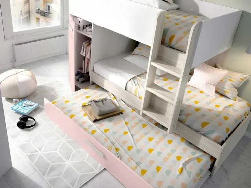 Stapelbed Met Opbergruimtes 3 X 90 X 190 Cm - Wit, Naturel En Roze - Met Matras - Anthony