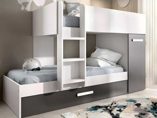 Stapelbed Met Opbergruimtes 3 X 90 X 190 Cm - Antraciet En Wit - Met Matras - Anthony