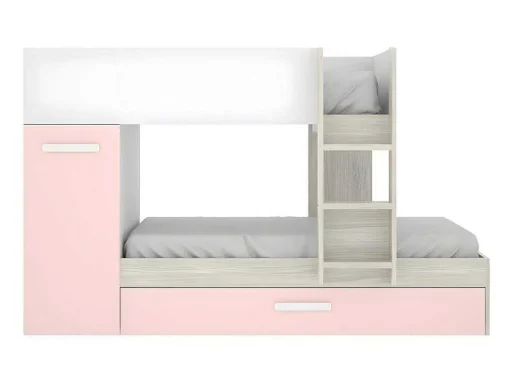 Stapelbed Met Opbergruimtes 3 X 90 X 190 Cm - Wit, Naturel En Roze - Met Matras - Anthony
