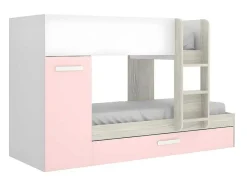 Stapelbed Met Opbergruimtes 3 X 90 X 190 Cm - Wit, Naturel En Roze - Met Matras - Anthony