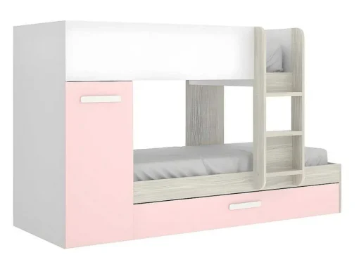 Stapelbed Met Opbergruimtes 3 X 90 X 190 Cm - Wit, Naturel En Roze - Met Matras - Anthony