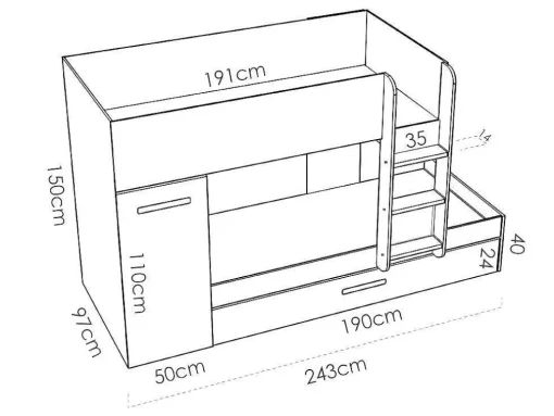 Stapelbed Met Opbergruimtes 3 X 90 X 190 Cm - Antraciet En Wit - Met Matras - Anthony