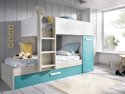 Stapelbed Met Slaaplade En Opbergruimtes 3 X 90 X 190 Cm - Wit, Naturel En Blauw - Anthony