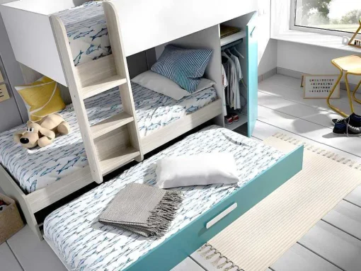 Stapelbed Met Slaaplade En Opbergruimtes 3 X 90 X 190 Cm - Wit, Naturel En Blauw - Anthony