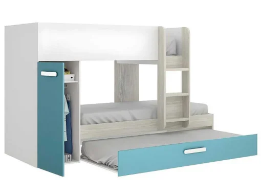 Stapelbed Met Slaaplade En Opbergruimtes 3 X 90 X 190 Cm - Wit, Naturel En Blauw - Anthony