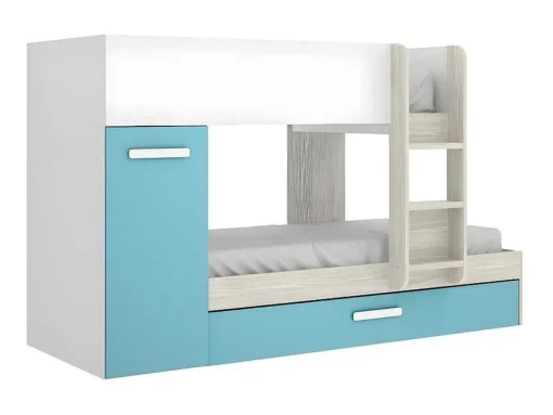 Stapelbed Met Slaaplade En Opbergruimtes 3 X 90 X 190 Cm - Wit, Naturel En Blauw - Anthony