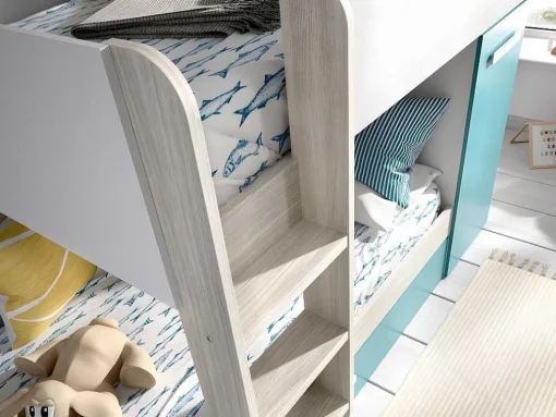 Stapelbed Met Slaaplade En Opbergruimtes 3 X 90 X 190 Cm - Wit, Naturel En Blauw - Anthony