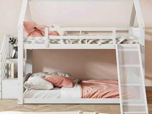Stapelbed Voor Kinderen 140X200Cm - Met Opbergtrap En Glijbaan - Wit