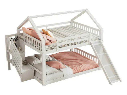 Stapelbed Voor Kinderen 140X200Cm - Met Opbergtrap En Glijbaan - Wit
