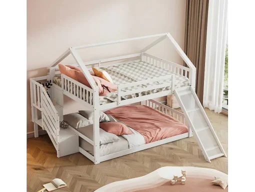 Stapelbed Voor Kinderen 140X200Cm - Met Opbergtrap En Glijbaan - Wit