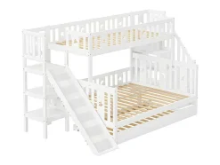 Stapelbed 90X200 + 140X200 Cm - Massief Hout - Met Glijbaan, Plank En Onderschuifbed - Wit
