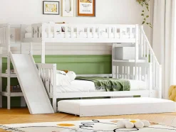 Stapelbed 90X200 + 140X200 Cm - Massief Hout - Met Glijbaan, Plank En Onderschuifbed - Wit