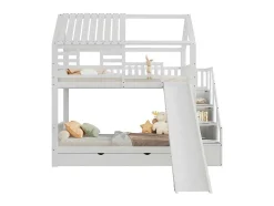 Stapelbed 90X200Cm - Grenenhout En Mdf Structuur - Met Glijbaan En Opbergtrap - Een Grote Lade Onder Het Bed - Wit