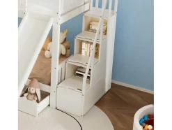 Stapelbed 90X200Cm - Grenenhout En Mdf Structuur - Met Glijbaan En Opbergtrap - Een Grote Lade Onder Het Bed - Wit