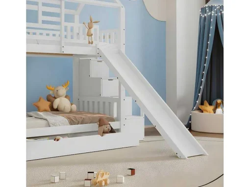 Stapelbed 90X200Cm - Grenenhout En Mdf Structuur - Met Glijbaan En Opbergtrap - Een Grote Lade Onder Het Bed - Wit