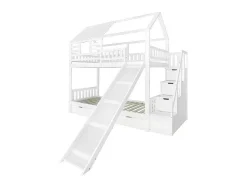 Stapelbed 90X200Cm - Grenenhout En Mdf Structuur - Met Glijbaan En Opbergtrap - Een Grote Lade Onder Het Bed - Wit