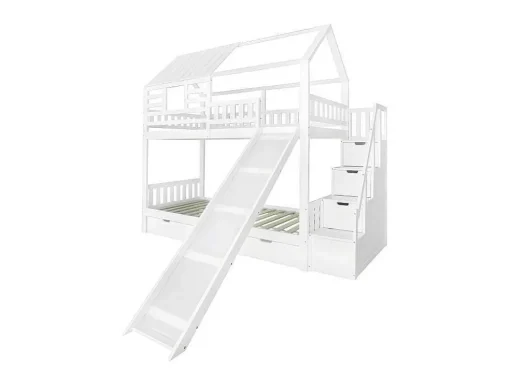 Stapelbed 90X200Cm - Grenenhout En Mdf Structuur - Met Glijbaan En Opbergtrap - Een Grote Lade Onder Het Bed - Wit