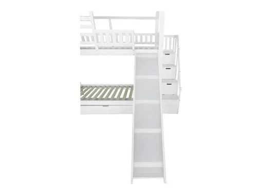 Stapelbed 90X200Cm - Grenenhout En Mdf Structuur - Met Glijbaan En Opbergtrap - Een Grote Lade Onder Het Bed - Wit
