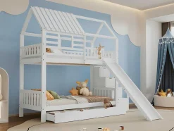 Stapelbed 90X200Cm - Grenenhout En Mdf Structuur - Met Glijbaan En Opbergtrap - Een Grote Lade Onder Het Bed - Wit