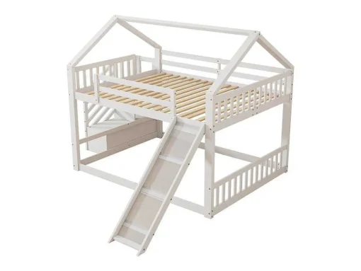Stapelbedden 140 X 200 Cm - Mdf Hout - Opbergtrap En Glijbaan - Wit