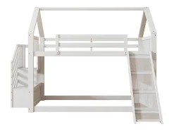 Stapelbedden 140 X 200 Cm - Mdf Hout - Opbergtrap En Glijbaan - Wit