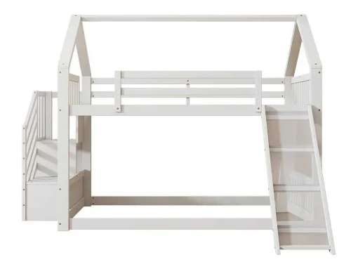 Stapelbedden 140 X 200 Cm - Mdf Hout - Opbergtrap En Glijbaan - Wit