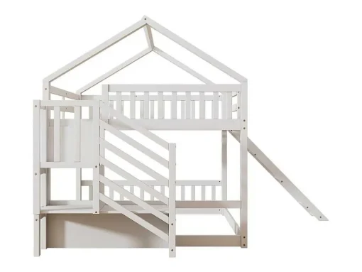 Stapelbedden 140 X 200 Cm - Mdf Hout - Opbergtrap En Glijbaan - Wit