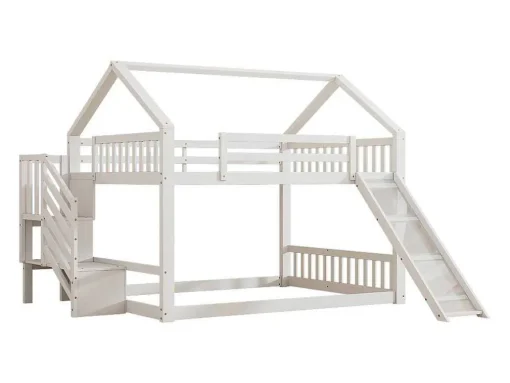 Stapelbedden 140 X 200 Cm - Mdf Hout - Opbergtrap En Glijbaan - Wit