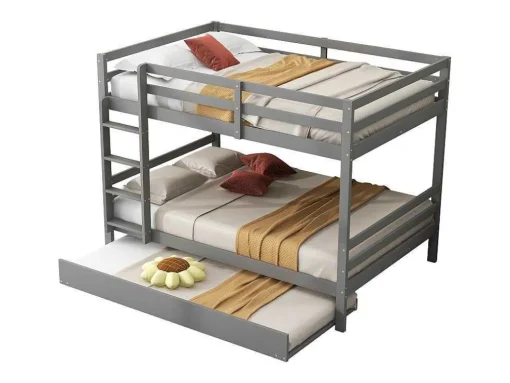 Stapelbedden 140 X 200 Cm Met Onderschuifbed 90 X 200 Cm - Balustrade En Trap - Mdf Hout - Grijs