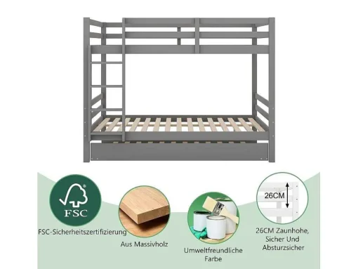 Stapelbedden 140 X 200 Cm Met Onderschuifbed 90 X 200 Cm - Balustrade En Trap - Mdf Hout - Grijs