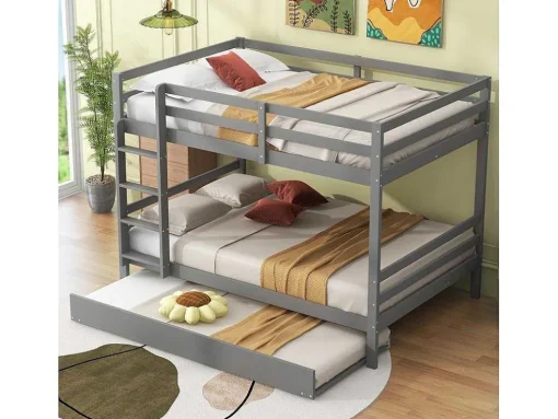 Stapelbedden 140 X 200 Cm Met Onderschuifbed 90 X 200 Cm - Balustrade En Trap - Mdf Hout - Grijs