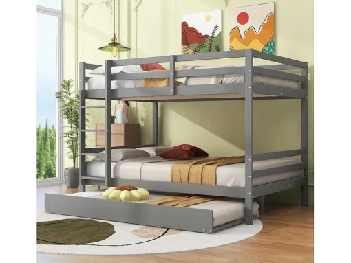 Stapelbedden 140 X 200 Cm Met Onderschuifbed 90 X 200 Cm - Balustrade En Trap - Mdf Hout - Grijs