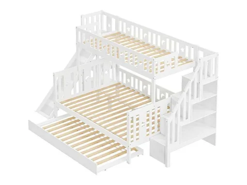 Stapelbedden Met Glijbaan En Planken, Onderschuifbed - 2 X 90 X 200 Cm + 140 X 200 Cm - Wit - Anthony