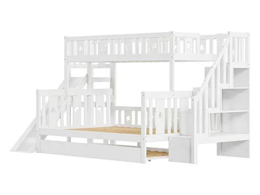 Stapelbedden Met Glijbaan En Planken, Onderschuifbed - 2 X 90 X 200 Cm + 140 X 200 Cm - Wit - Anthony