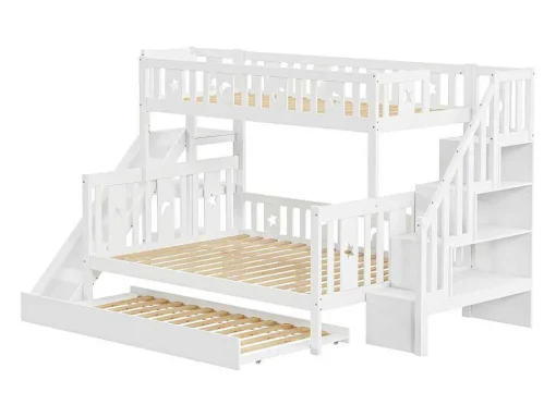 Stapelbedden Met Glijbaan En Planken, Onderschuifbed - 2 X 90 X 200 Cm + 140 X 200 Cm - Wit - Anthony