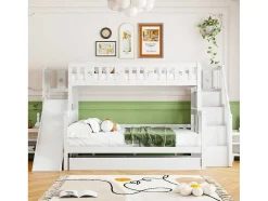 Stapelbedden Met Glijbaan En Planken, Onderschuifbed - 2 X 90 X 200 Cm + 140 X 200 Cm - Wit - Anthony