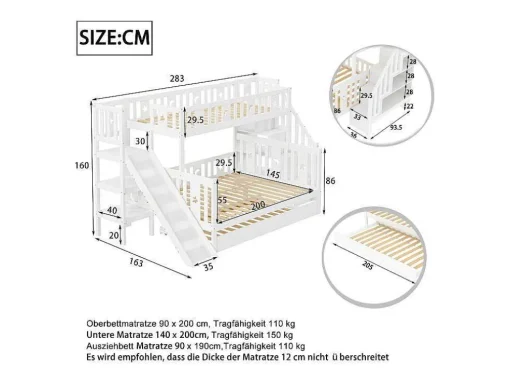 Stapelbedden Met Glijbaan En Planken, Onderschuifbed - 2 X 90 X 200 Cm + 140 X 200 Cm - Wit - Anthony