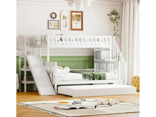 Stapelbedden Met Glijbaan En Planken, Onderschuifbed - 2 X 90 X 200 Cm + 140 X 200 Cm - Wit - Anthony
