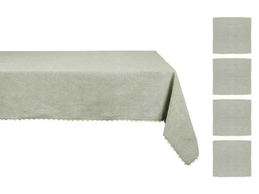 Tafelkleed + 4 Katoenen Servetten - Beige Rand - Groen - 140 X 240 Cm - Loania