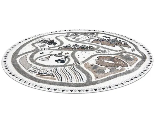 Tapijt Fun Land Voor Kinderen, Dorp, Straten, Wiel - Creme Cercle 200 Cm