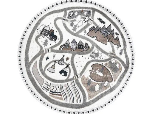 Tapijt Fun Land Voor Kinderen, Dorp, Straten, Wiel - Creme Cercle 200 Cm