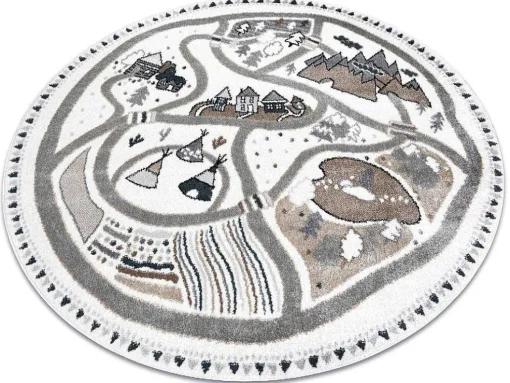 Tapijt Fun Land Voor Kinderen, Dorp, Straten, Wiel - Creme Cercle 200 Cm